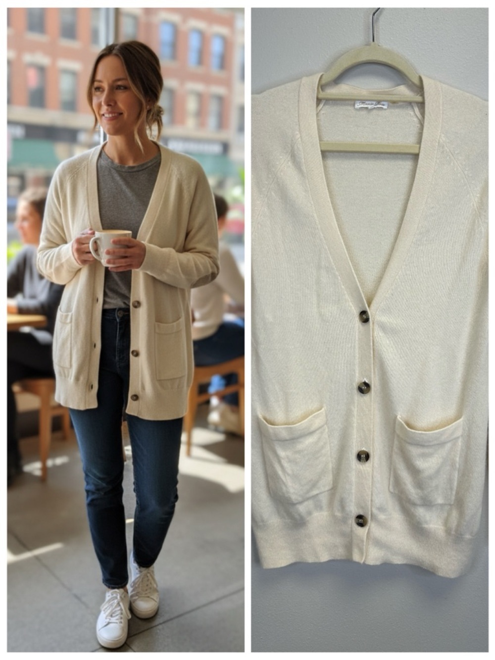 Minnie Rose Cashmere Ivory Button Front Pocket Cardigan Size S Elbow Patch Lux